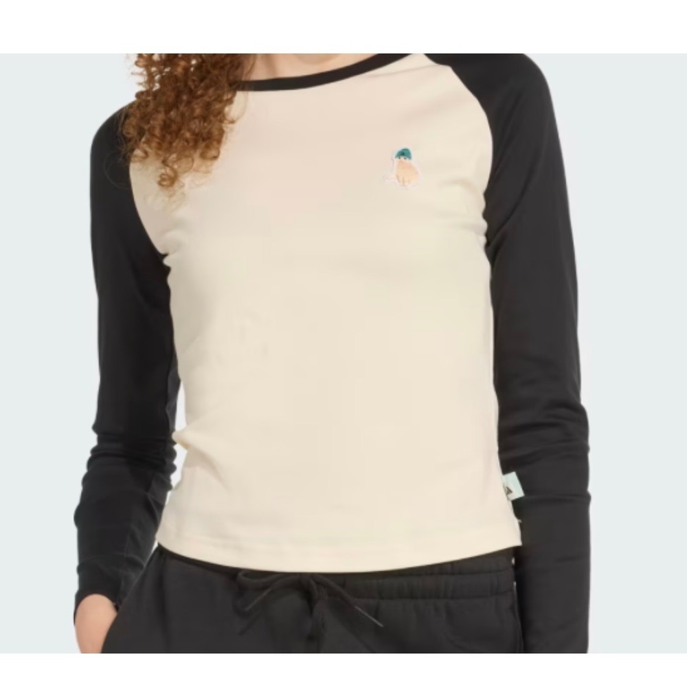 Adidas Womens Slim Fit Raglan Long Sleeve Baseball Tee Cream Black Cat Beanie M